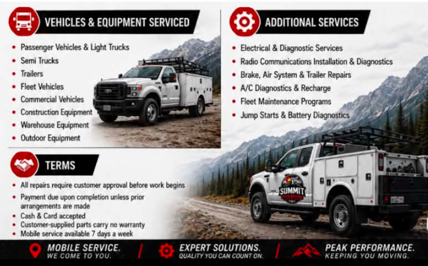 Summit Field Services — Vehicles & Equipment Serviced, Additional Services, Terms